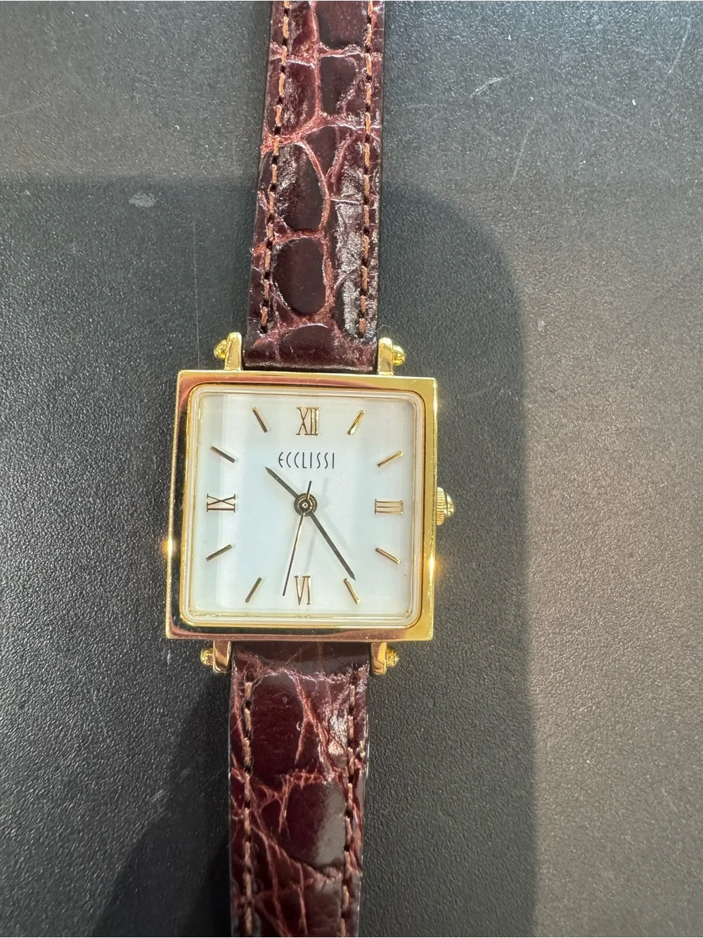 Ecclissi Gold Tone Square Watch with White Roman Dial & Brown Croc Leather Strap